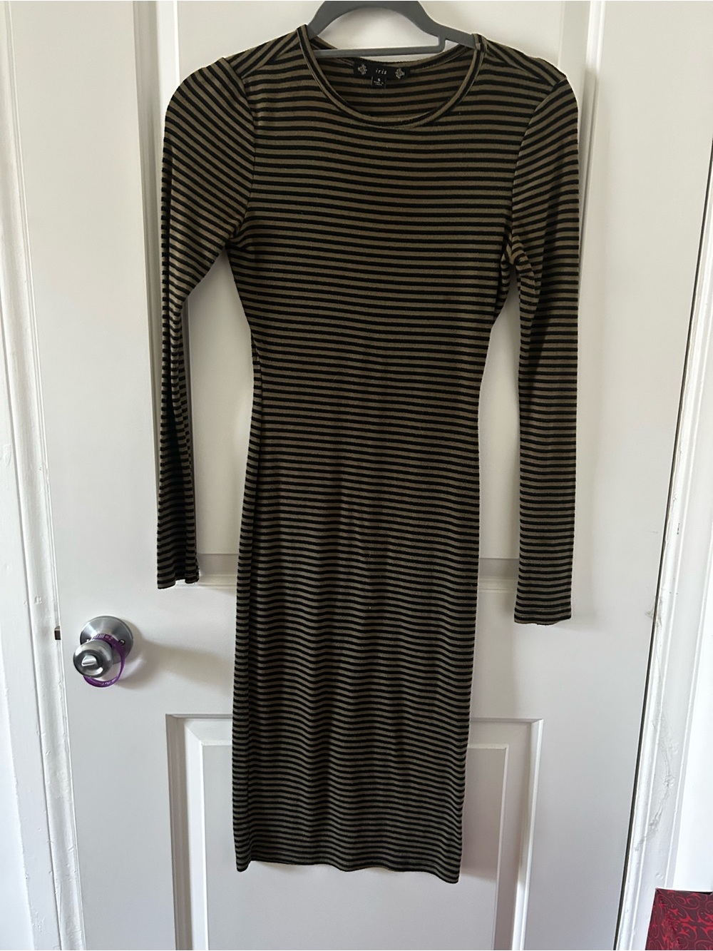 iris Olive and Black Striped Long-Sleeve Bodycon Dress
